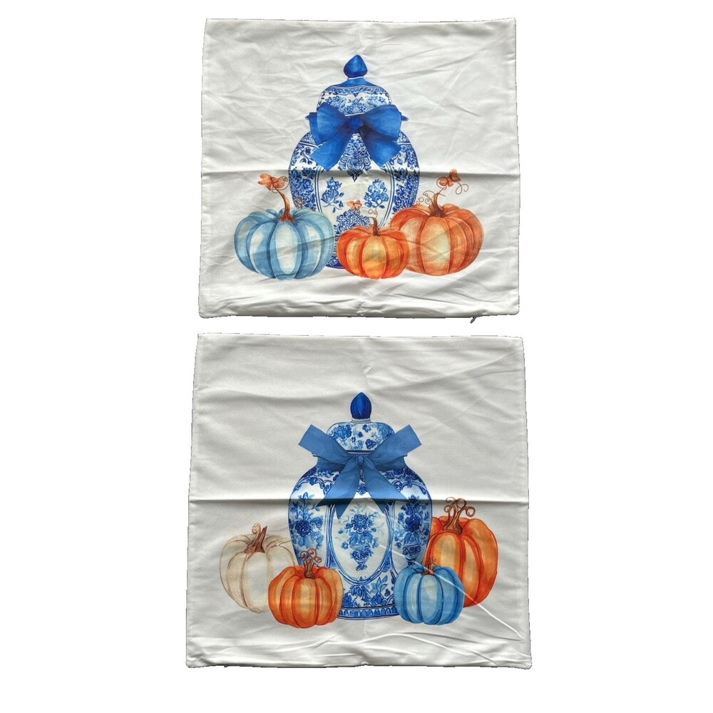 Fall Pillow Covers 18x18 Set of 2 Blue and White Porcelain Pumpkins Orange